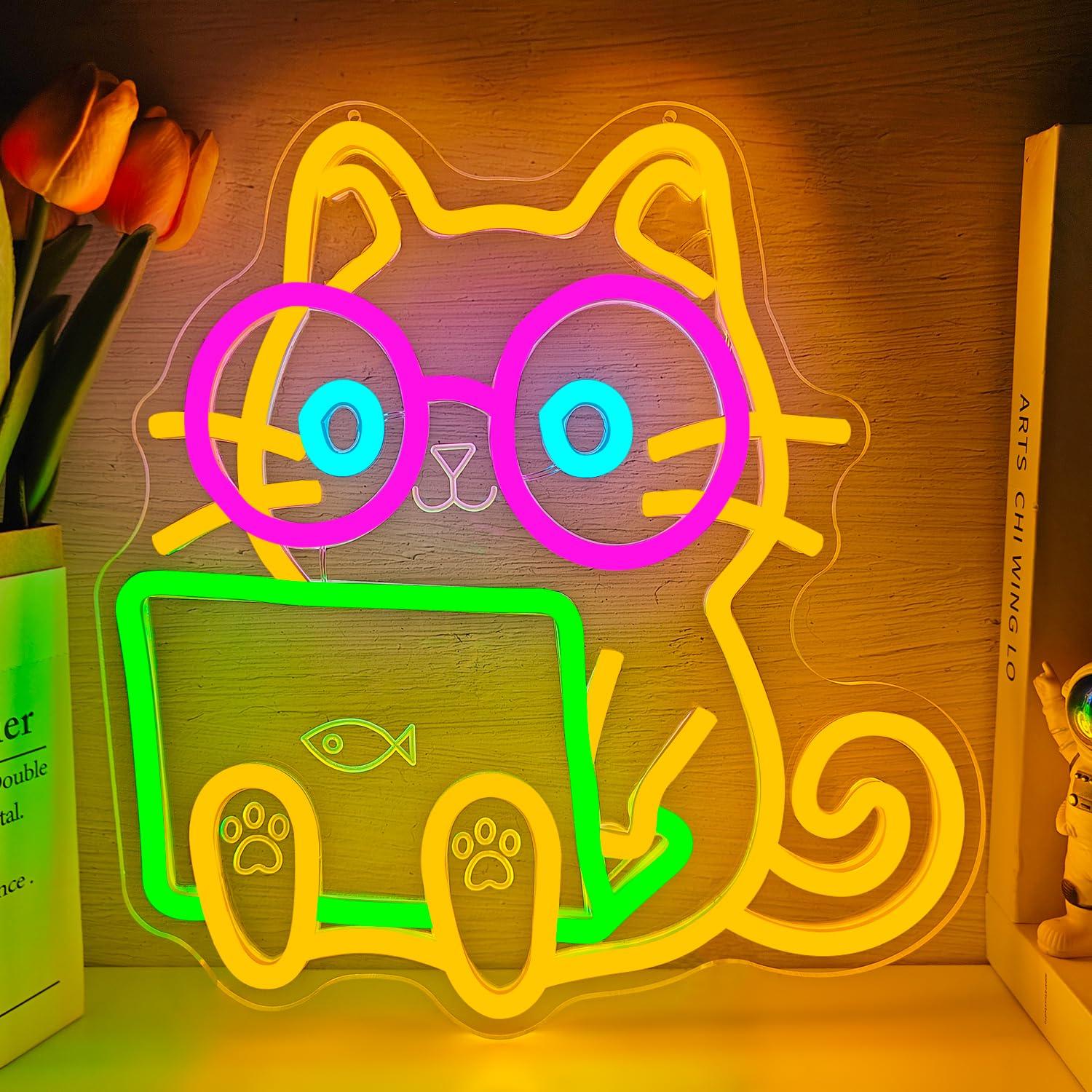 Tech Office Wall Decor - Letreiro Neon de Gato para Laptop,